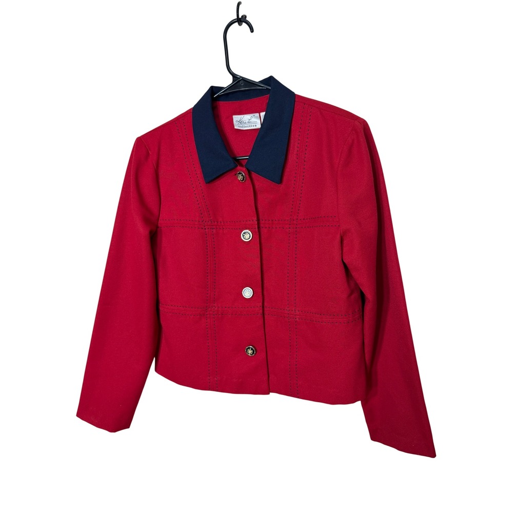 Kathie Lee Collection Womens Red Button Front Blazer Jacket Navy Collar Size 10